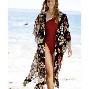 Walter Baker Tulum Caftan Kaftan Duster Black Floral Tropical One Size OS NWT